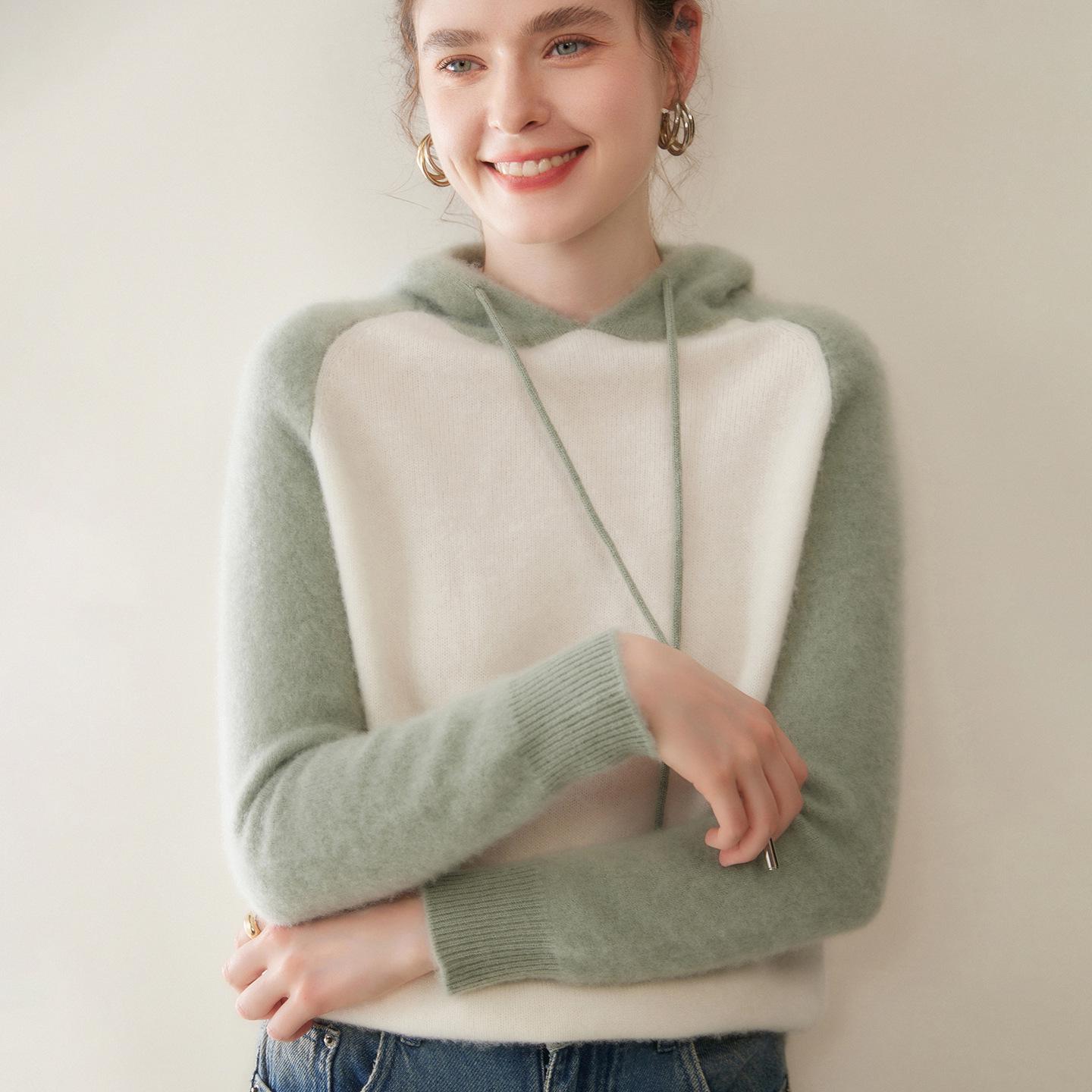 

Женский толстый кашемировый свитер с капюшоном в стиле колор-блок - Свободный вязаный пуловер с рукавом реглан Extra Large