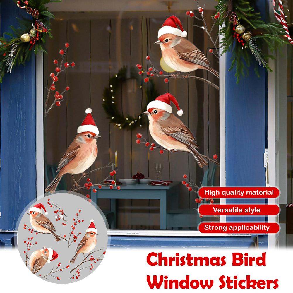 Red Christmas Hat Sparrow Bird Static Atmosphere Sticker Door Holiday Window Decorations Glass Shop M9M2