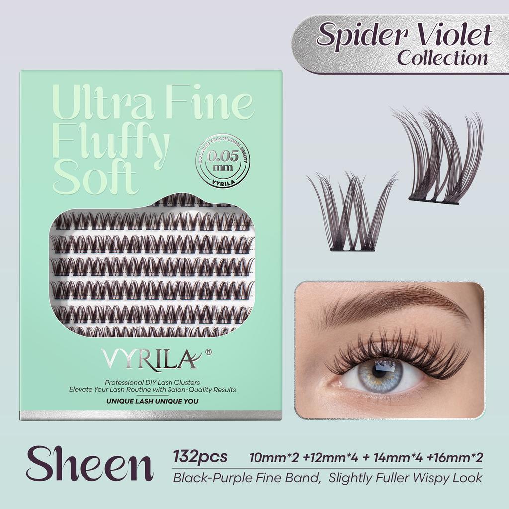 VYRILA Spider Violet Lash Clusters 10-16mm Natural Cluster Lashes Fake Eyelashes 3D Wispy D Curl Fluffy DIY Lash Extensions