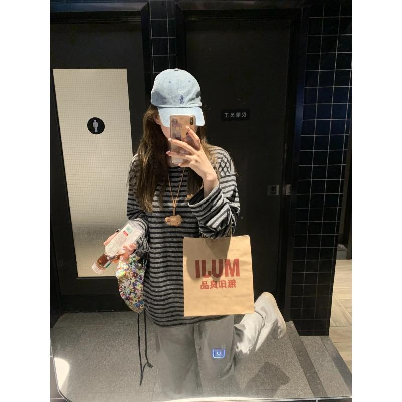 

Minimalist casual style retro striped contrasting bottom top women s early spring lazy temperament long-sleeved T-shirt M чёрный