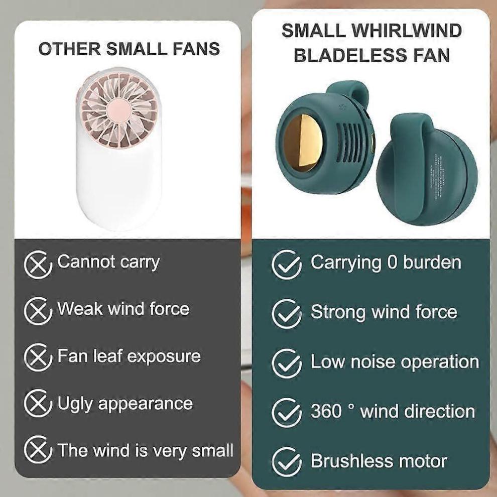 (Green) Portable Silent Mini Bladeless Fan Clip-on, Mini Fan with Clip, 2025 New Model, Adjustable 3-Speed Wall Hanging Fan, Compatible with Out