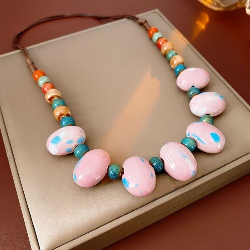 Simple Colored Beads Necklace Exaggerate Ethnic Style Necklace Ceramics Beaded Necklace Holiday