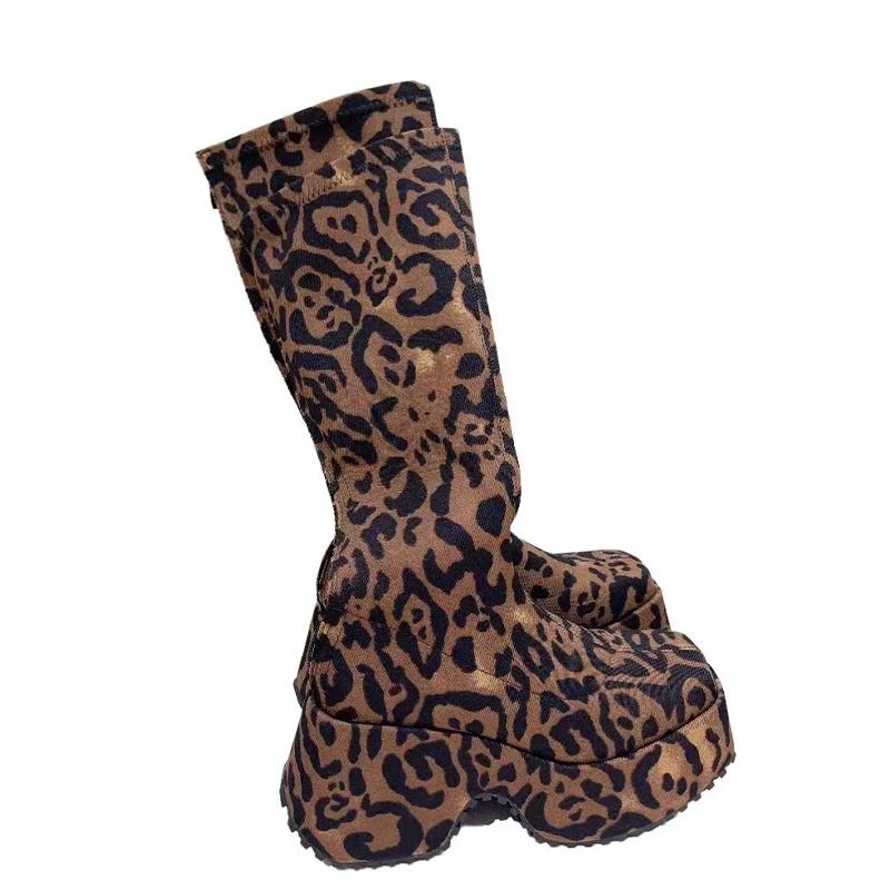 Leopardí kozačky nad koleno Dámské platformové sněhule Semišové boty se čtvercovou špičkou 2024 Trendový design Vysoké podpatky Chelsea boty Goth Botas