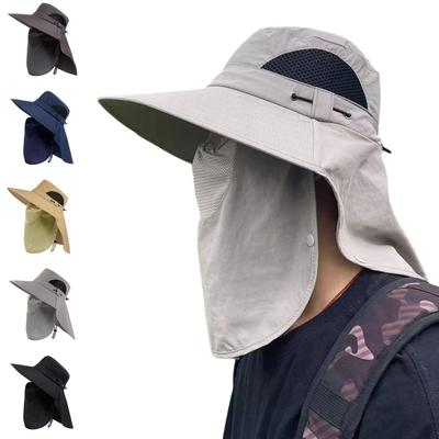Men's Outdoor Sun Protection Hat Wide Brim Fishing Cap Breathable Mesh Ventilation Neck Flap Detachable Face Cover Adjustable Drawstring