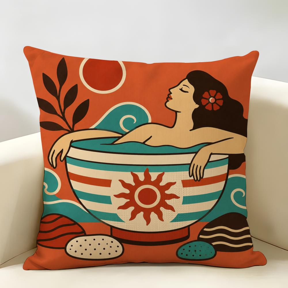 Coffee Bath In BLUE Cushion Cover Durable Hypoallergenic Organic Linen Pillow Cover Short Size Washable Skin-Friendly