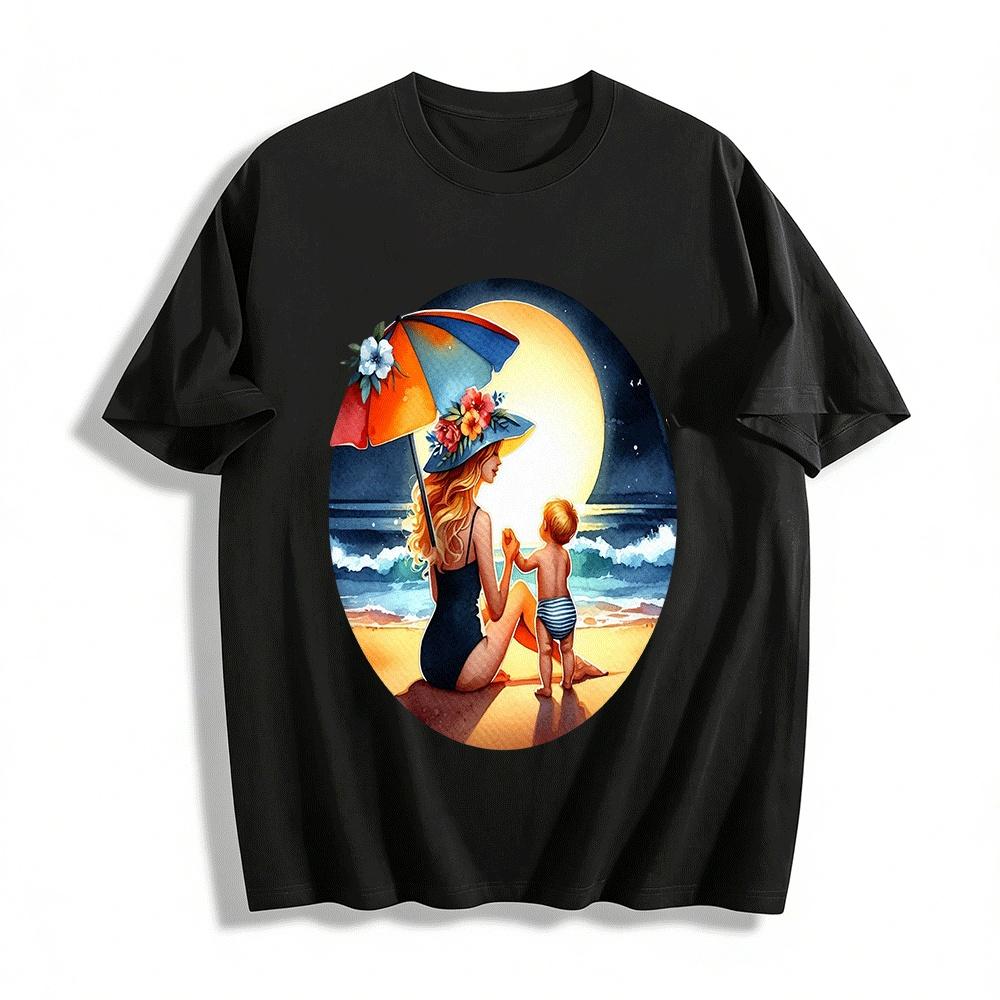 Moonlit Beach Mother And Baby Print Casual Top Pure cotton T-shirt XXS