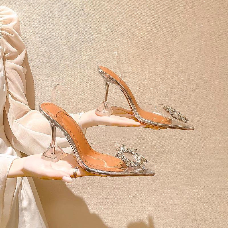 New summer thin heel rhinestone sandals pointed transparent crystal high heels women's shoes
