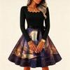 Women's Vintage Long Sleeve Square Neck Halloween Print Evening Dress for Party Occasions