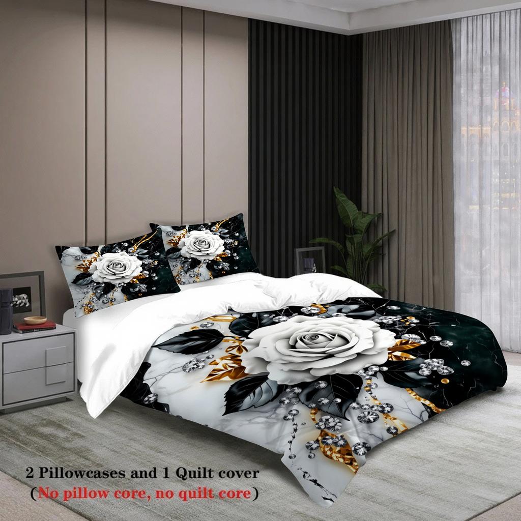 3pcs Rose Flower Bedding Sets 3D Printed Black White Gold Floral Duvet Cover Sets With Pillowcases No Filling Luxury For Women