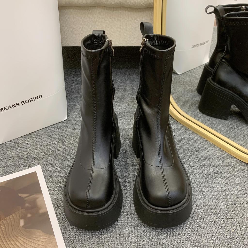 American black heightened thick-soled thick-heeled boots children's new autumn small thin retro short boots