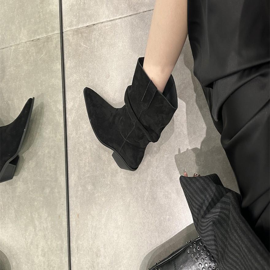 2025 őszi és téli új velúr hegyes vastag sarkú közepes sarkú rövid csizma közepes szárú csizma magas sarkú rakott csizma western cowboy csizma