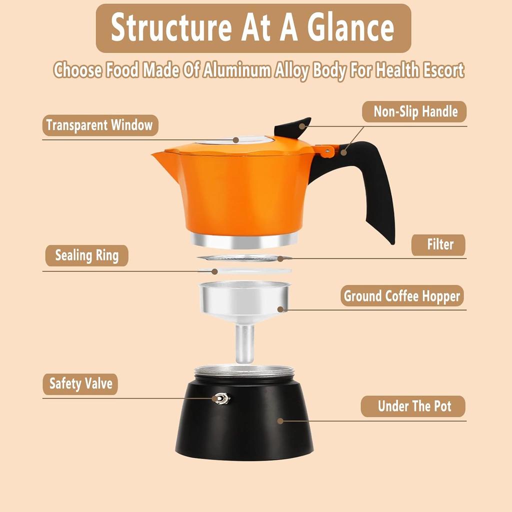Aluminum Coffee Maker 150ML, Stovetop Moka Pot for Classic Italian and Cuban Cafe Brewing,15.2oz Orange and Black Octagonal Transparent Cover Cuban,