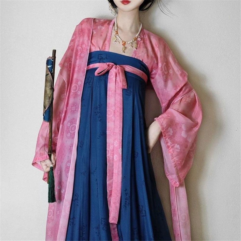 Chinesischer Tang-Dynastie Stil Tägliche Dopamin Chinesisches Kostüm Outfits Retro Einteiler Langes Rock Anzug für Damen