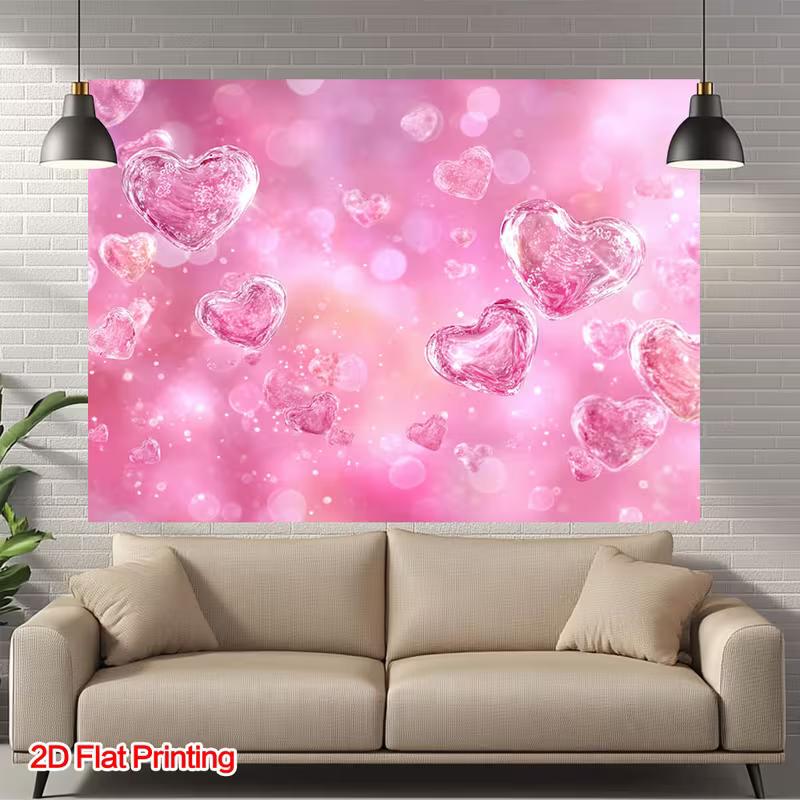 Romantic Pink 2D Backdrop, Glittery Crystal Hearts Photo Background