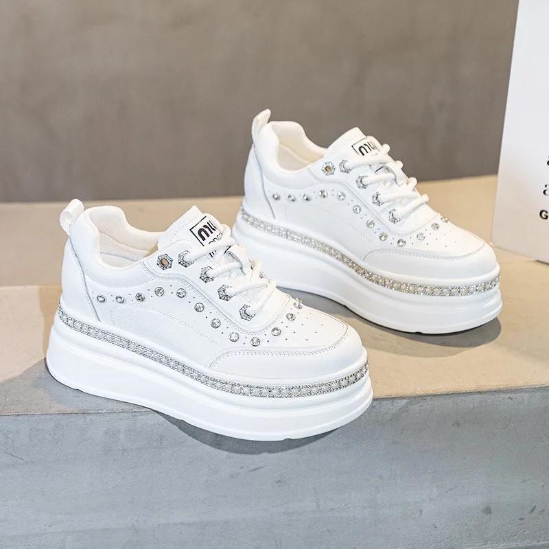7cm Echtes Leder Damenmode Lässig Bling Klobige Sneaker Plateau Keil Vulkanisiert Herbst Frühling Versteckte Absätze Damenschuhe