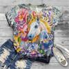 Women's T-shirt Short Sleeve Summer Everyday Animation Horse Digital 3D Print Sexy Diagonal Collar Top Loose Female Pullover