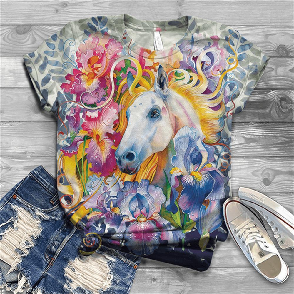 Women's T-shirt Short Sleeve Summer Everyday Animation Horse Digital 3D Print Sexy Diagonal Collar Top Loose Female Pullover