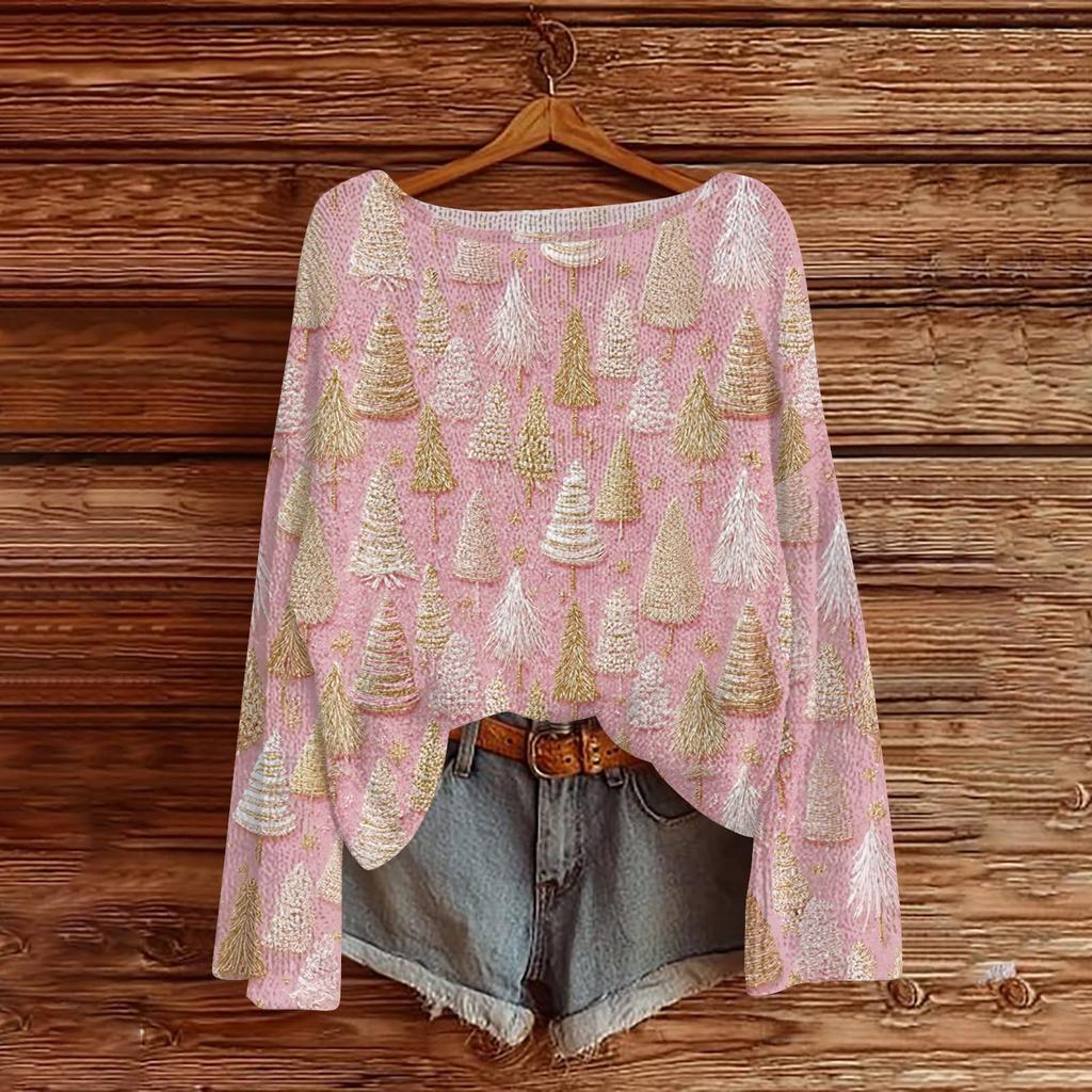 Women's Round Neck Lightweight Sweater Casual Long Sleeve Christmas Print Knit Pullover.