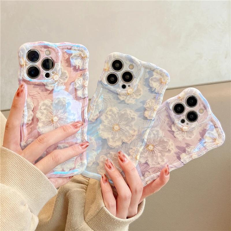 Luxury Laser Flowers Glitter iPhone Case For iPhone 11 12 13 15 16 Pro Max 14 Plus Fashion Soft Silicone Shockproof Bumper Cover