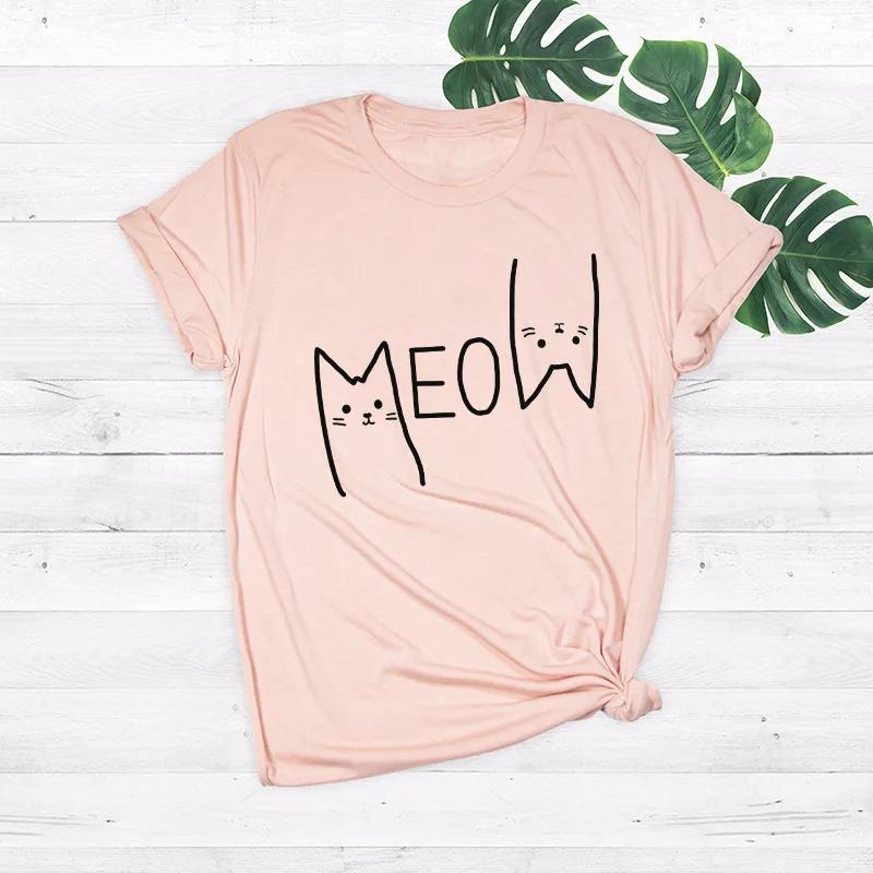 Meow Cat Print T Shirt Women Short Sleeve O Neck Loose Tshirt Summer Women Tee Shirt Tops Camisetas Mujer
