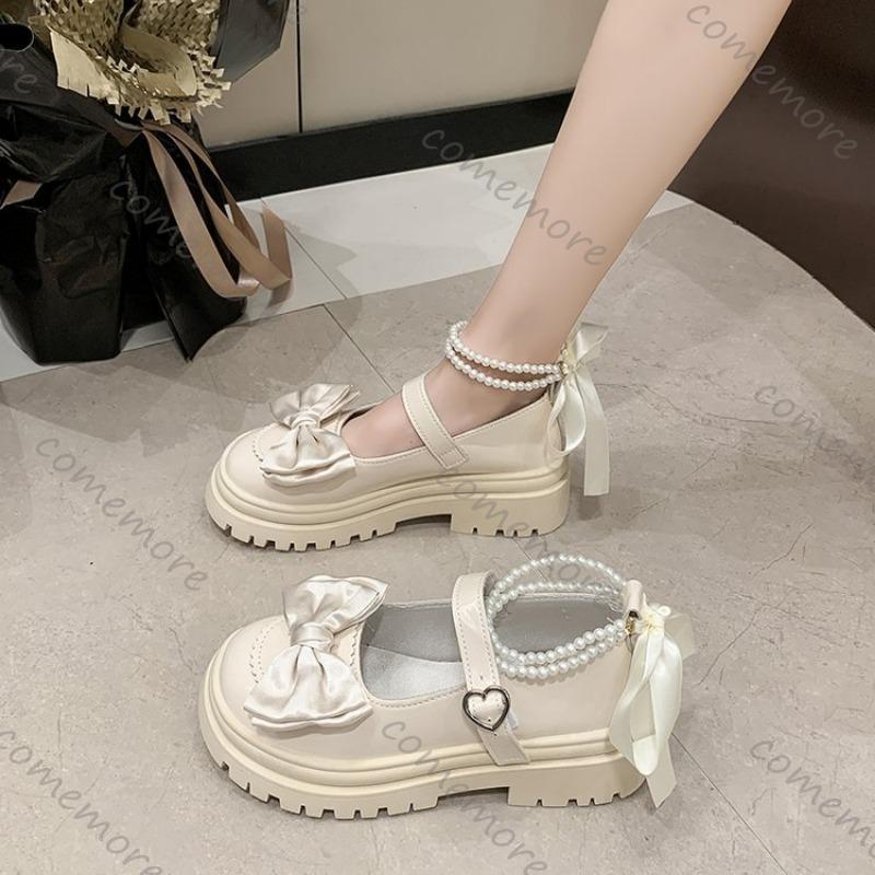 Fashion Comemore Women's Casual Shoes New Kawaii Pearl Chain Mary Jane Women's Shoes Fashion Versatile Lolita Loafers Outdoor Heel Pumps
