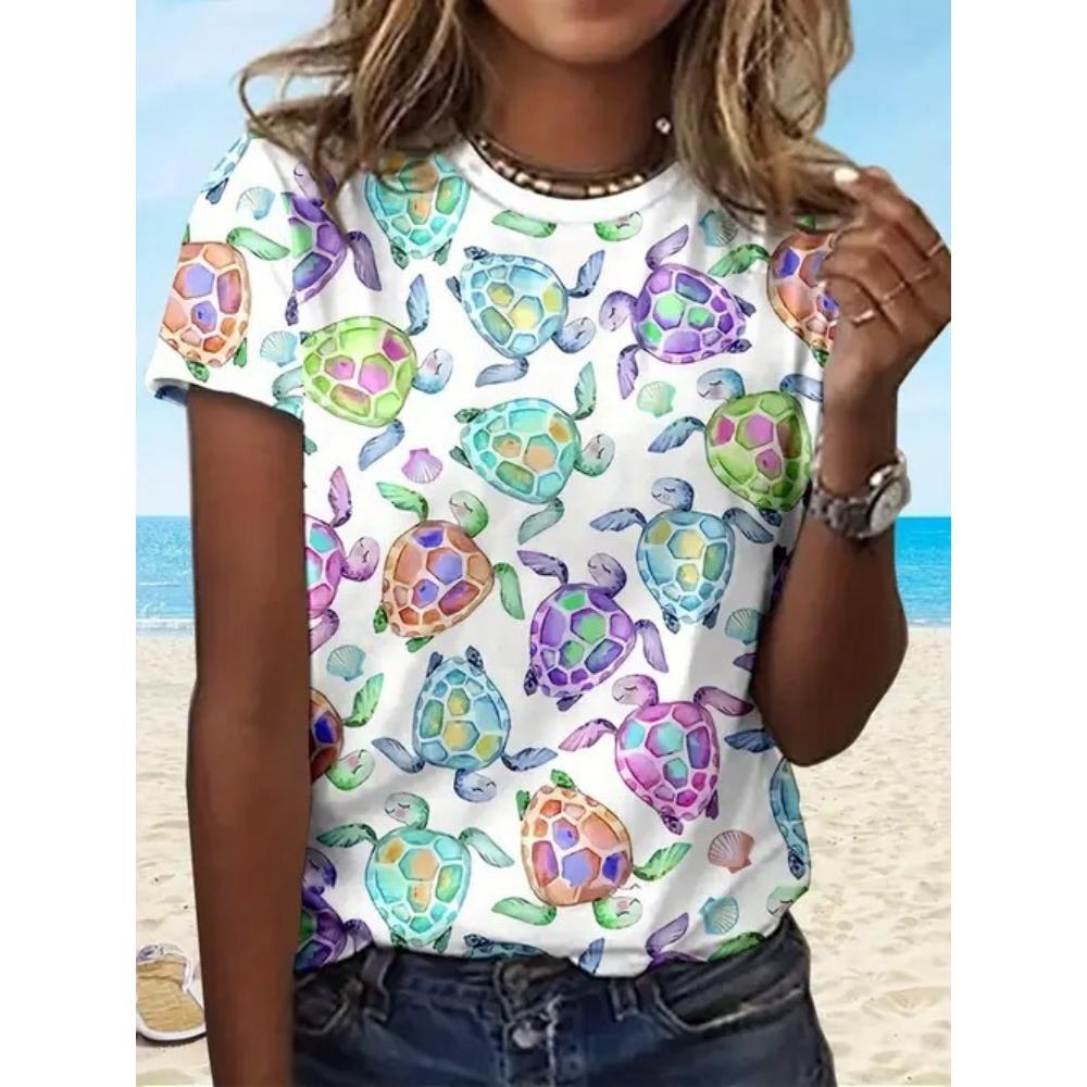 Summer Women’s Casual Fashion Flower 3D Printed T-shirt Loose Breathable Plus-size Casual Sports Versatile Crew Neck Short-sleeve T-shirt