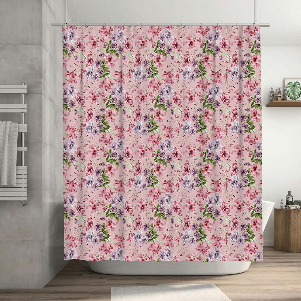 Watercolor Flower Bath Shower Curtain Decorative Printing Purple Pink White Fabric Waterproof Rainproof Bathroom Accessories
