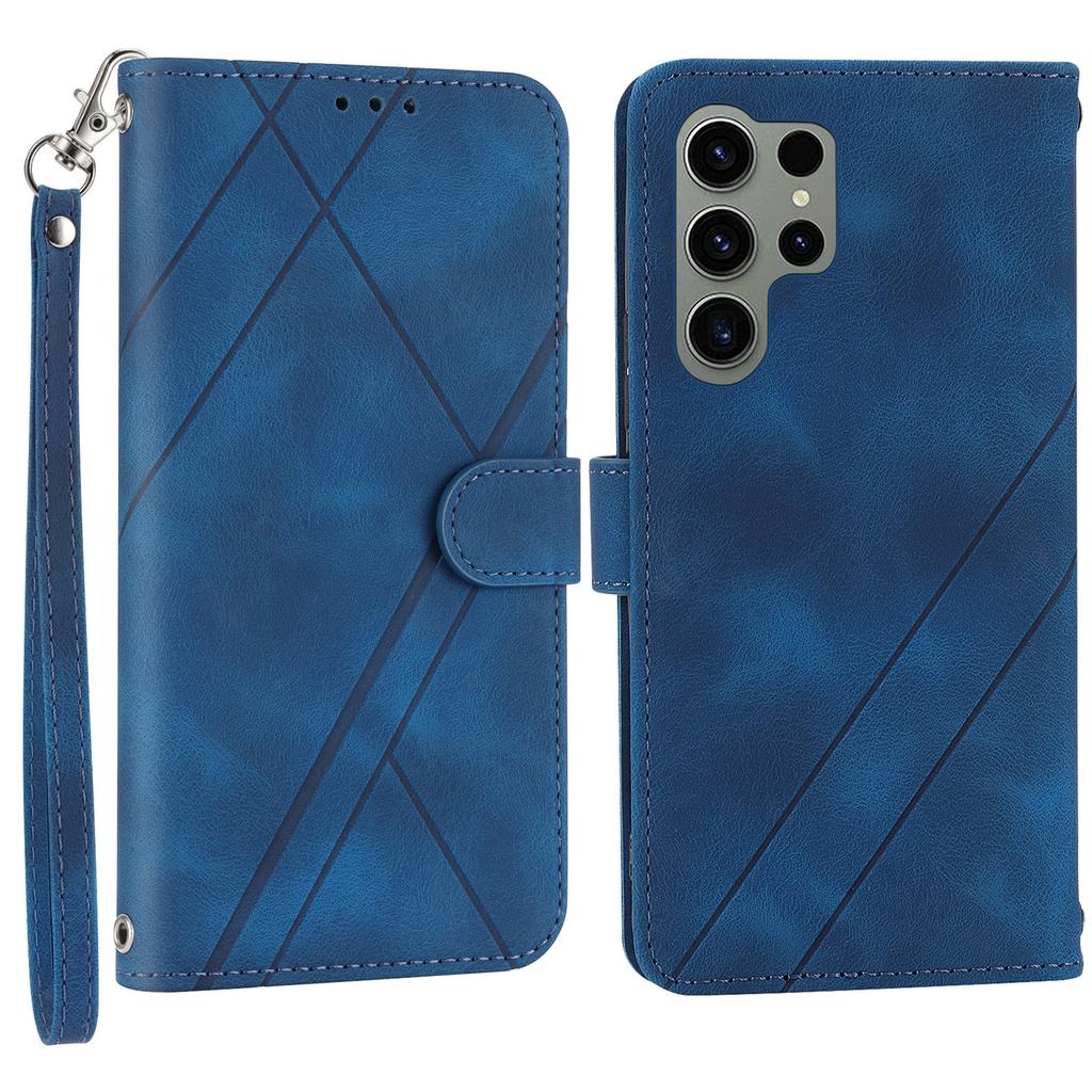 For Samsung Galaxy S25 Ultra Case Imprinted Line Leather Phone Cover with Handy Strap