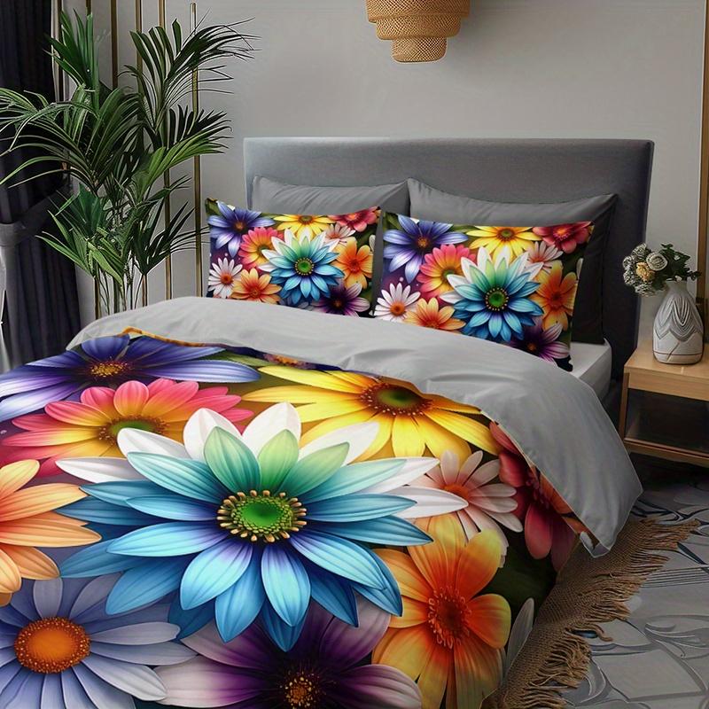 3-teiliges lebhaftes Regenbogen-Blumenbettwäsche-Bettbezug-Set Gänseblümchen-Blumenbettwäsche-Steppdecken-Set Blumen-Themen-Bettwäsche-Set Sommerblühende Blumen