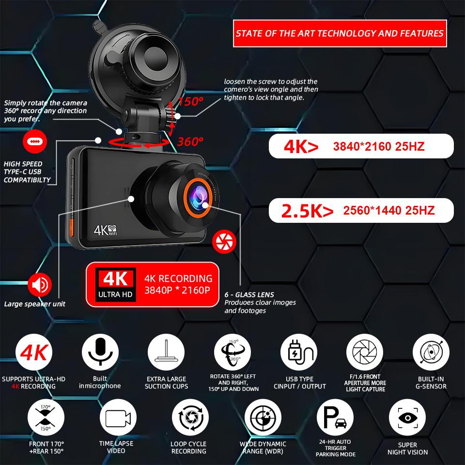 E-ACE Dash Cam 4K+2.5K Doppio Canale Car Dvr Supporto WIFI GPS Visualizzazione Velocità Parcheggio 24h Registrazione Ciclica Visione Notturna Scatola Nera