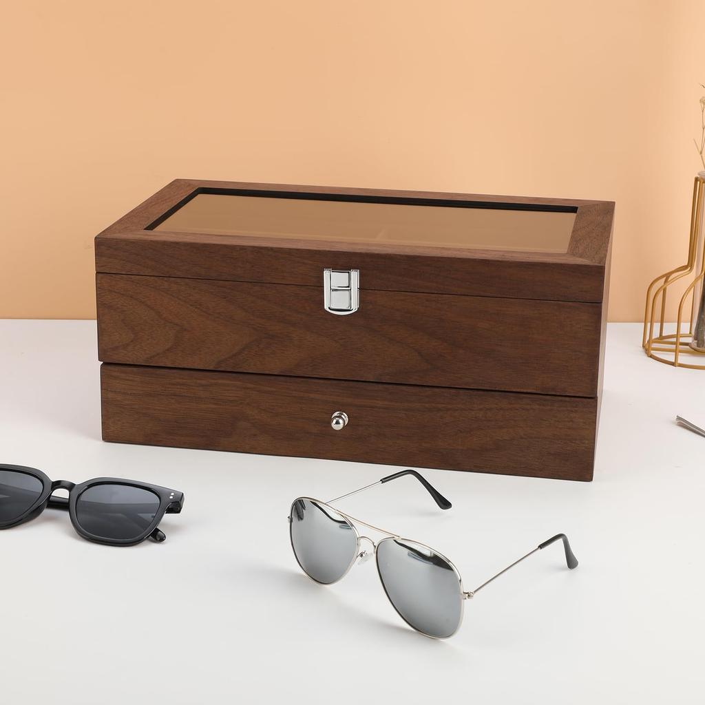 1pc 2 layers 12 grids Sunglasses wooden Storage Box with transparent Flip,Good quality,suitable for sunglasses display,organizer,collection.