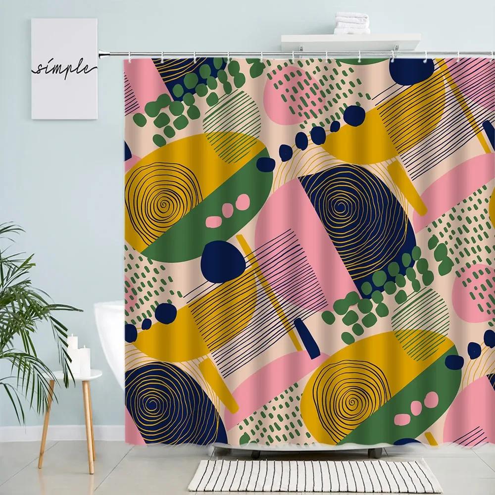 Abstract Shower Curtain Colorful Mid Century Graffiti Geometric Cute Cartoon Kids Watercolor Doodle Plant Curve Bathroom Decor