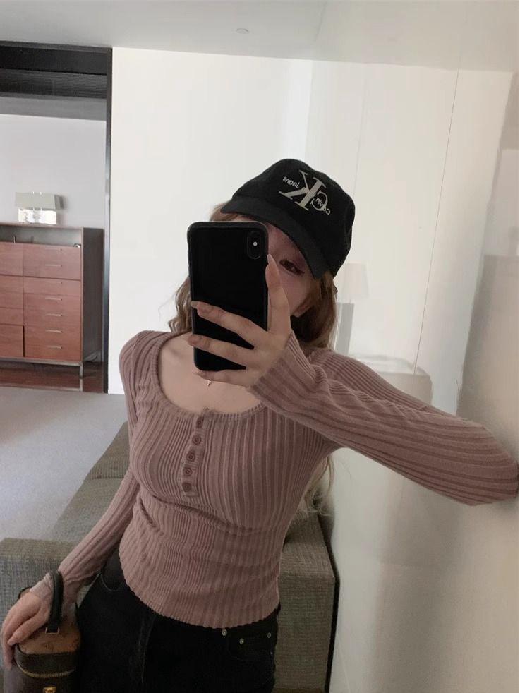 Women's Korean Style Slim-Fit Ribbed T-Shirt: Spicy Girl Half-Open Collar, Long-Sleeved, Autumn/Winter