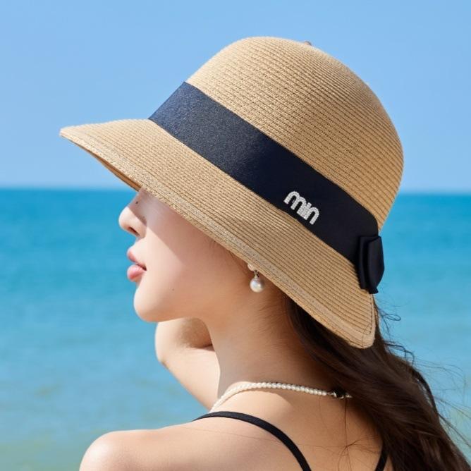 Spring and Summer Bow Webbing Sunshade Straw Hat Women's Wide-brimmed Beach Hat Versatile Vacation Sunscreen Bucket Hat
