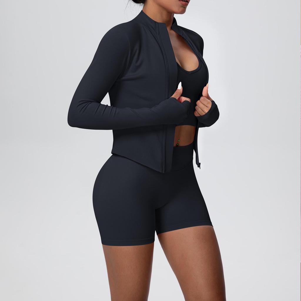 Seamless Slim-Fit Zipper Jacket & Bra with Peach Three-Quarter Fitness Pants Yoga Set