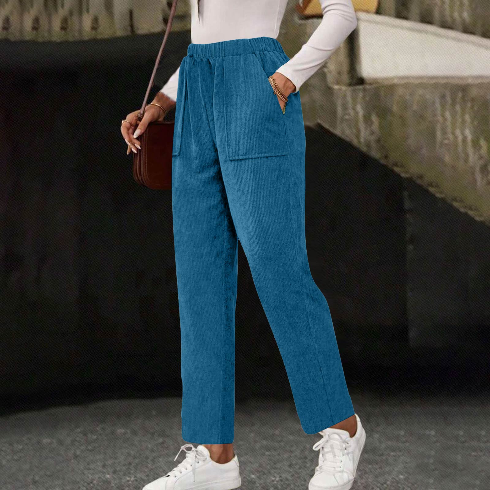Women s Casual Fashion -Color Drawstring Loose Straight-Leg Pants With Pockets XXL