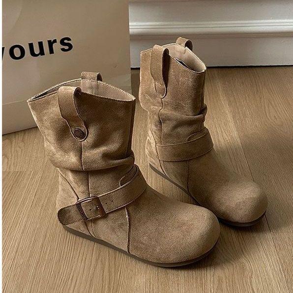 Damskie botki retro z okrągłym noskiem - Jesień/Zima Gruba podeszwa Styl kowbojski