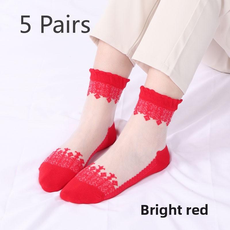 5 Pairs of Women's Spring Thin Mid Cylinder Cotton Sole Lace Lace Socks