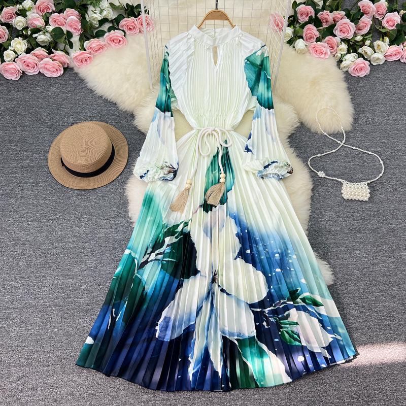 YYFS Γυναικεία Μόδα Άνοιξη Φθινόπωρο με μοτίβο λουλουδιών με μακρυμάνικο λαιμόκοψη Casual φορέματα