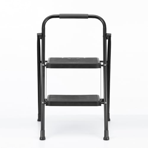 Sanwa Supply STL-1 2-Step Folding Stepladder, 150kg Weight Capacity, Steel Frame, Black