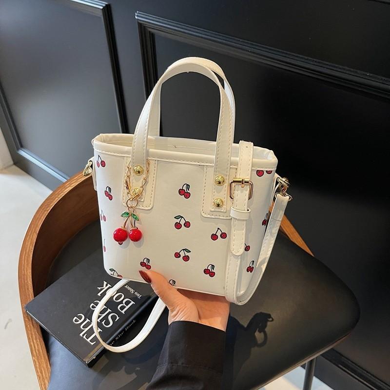 Cherry Handbag Water Bucket Pu Fashion Tote With Zipper Closure For Daily Use