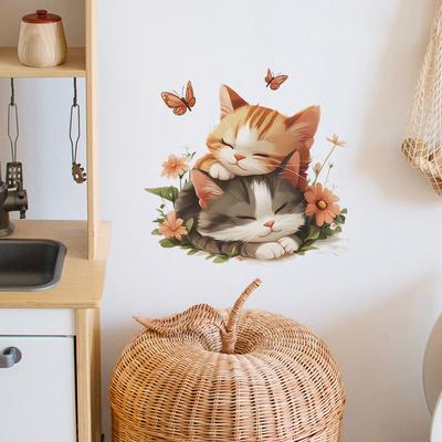 Cozy Sleeping Kitten Wall Stickers Adorable Cartoon Cat Nap Wall Art for Kids Bedroom Nursery Living Room and Hallway Decor