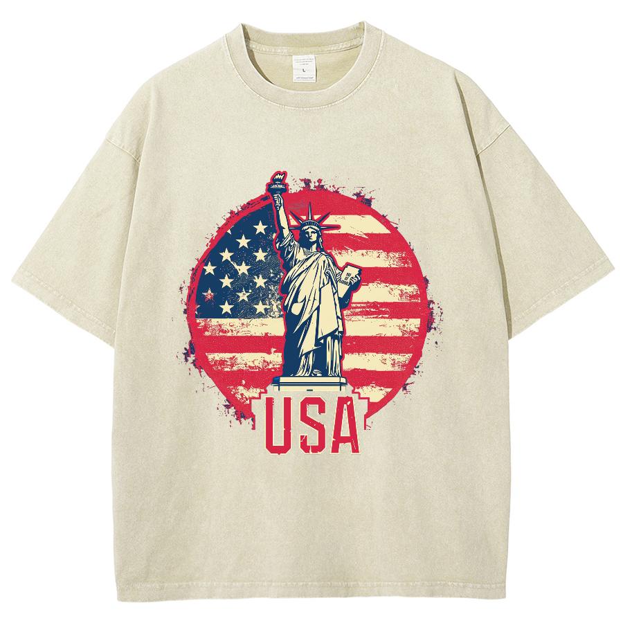 USA American Statue Of Liberty Women's T-Shirt Loose Wash Oversized Short Sleeve Fashion Simple Top