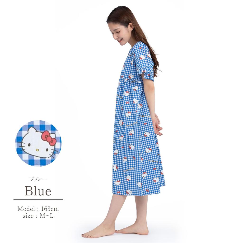 Hello Kitty One Piece Nightgown Cotton Broadband Button Front Room Wear Loungewear Gingham Hello Kitty [SAZAC] 100% Women's (Blue/M-L/SAN1779)
