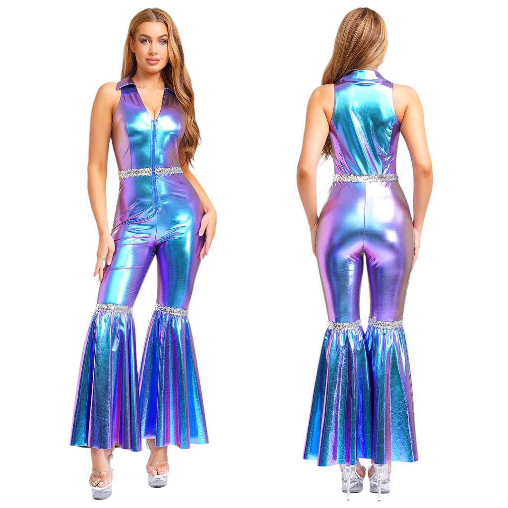 Mono de Fiesta Disco de los 70 - Mono de Solapa con Cuello en V para Mujer con Lentejuelas, Pantalones de Campana y Cremallera Frontal