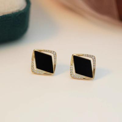 Temperament Black Rhombus Rhinestone Square Stud Earrings for Women Full Crystal Personality Unique Ear Wedding Jewelry