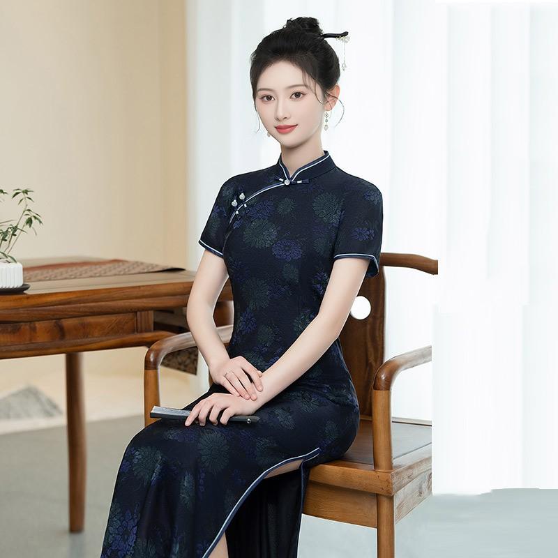 LongChinese-style Qipao Dress Women Vintage Fit Short Sleeve Daily Wear With Stand Collar Side Slit