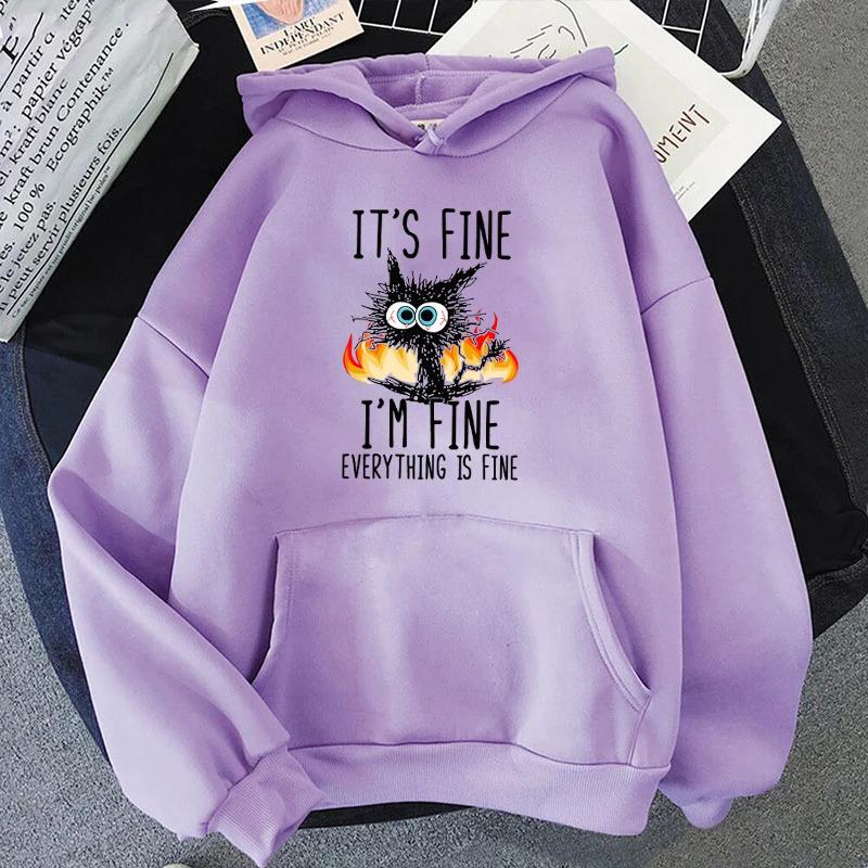 Autumn Winter Hoodie I'm Fine Everything Printed Loose Oversized Looped Round Neck Pullover Hoodies & Sweatshirts Women’s