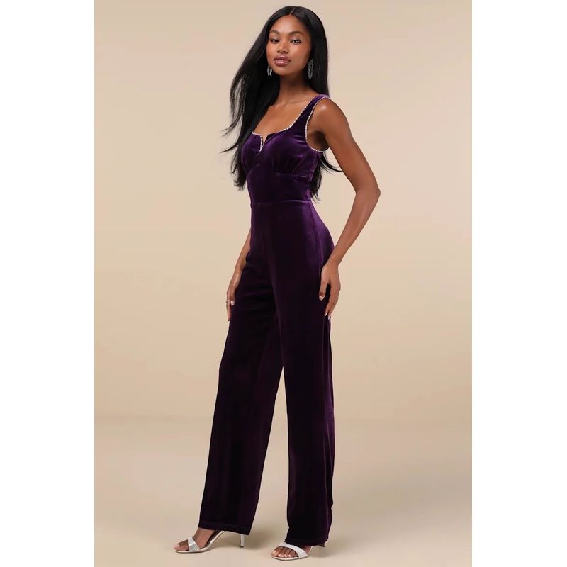 Export Lu's Elegant Diamond Decorations Shiny Purple Velvet Texture Sexy Low-Cut Sheath Jumpsuit Pants with Chest Pad