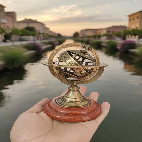 12.7 cm Brass Armillary Sphere Globe on Wooden Base Nautical Desk Decor